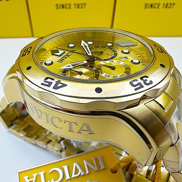 Invicta Men's 48mm PRO DIVER Scuba Chronograph Gold Dial 18K Gold Plated Watch - Picture 2 of 9
